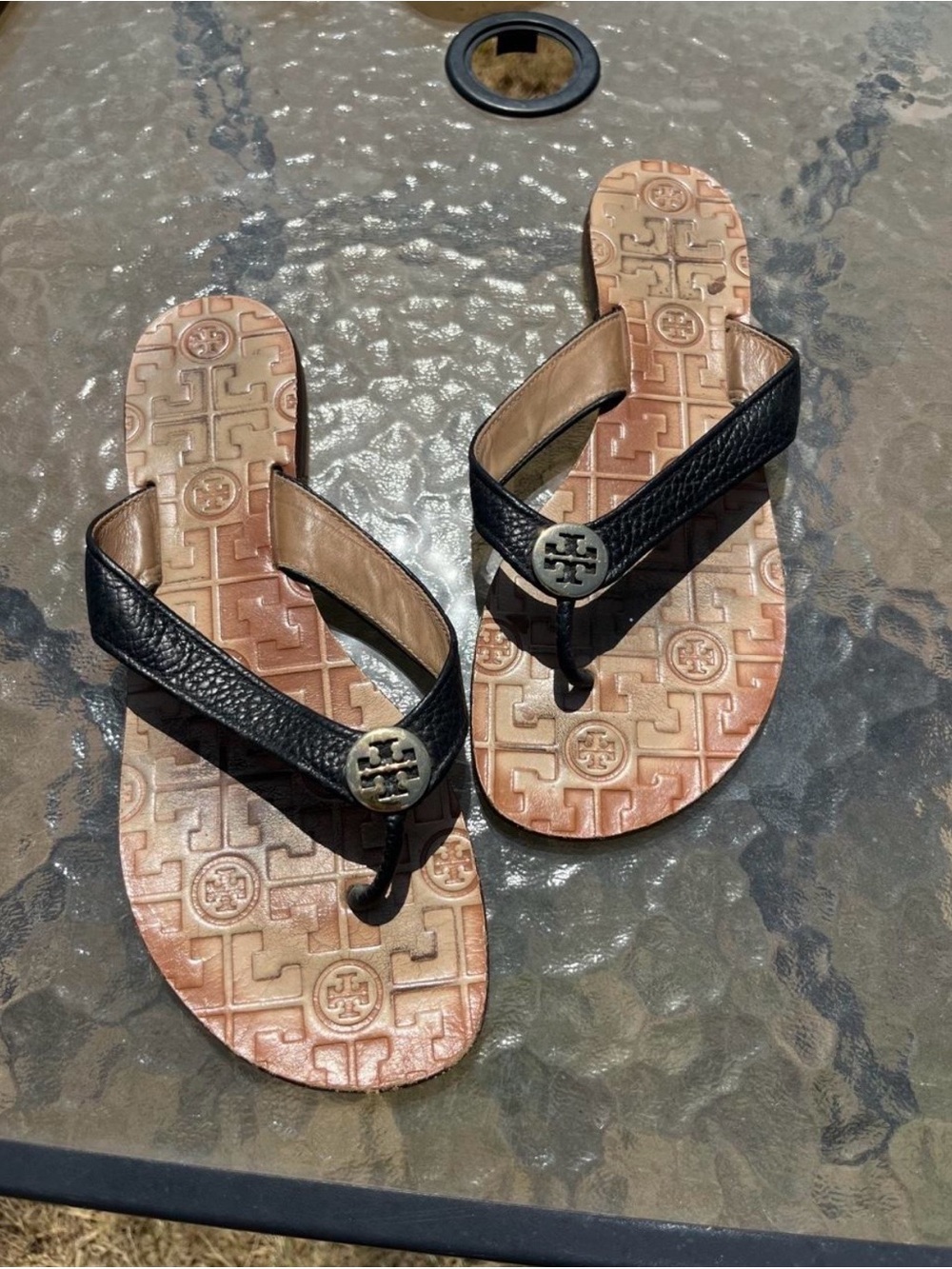 Tory Burch Black Leather Logo Sandals with Tan Footbed
